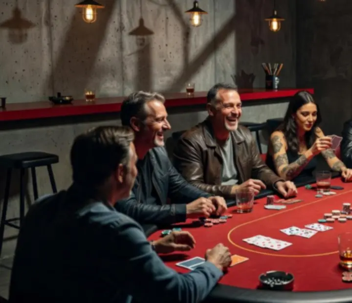 Pokerový stůl v restauraci Bohemiva s hosty a červenými akcenty